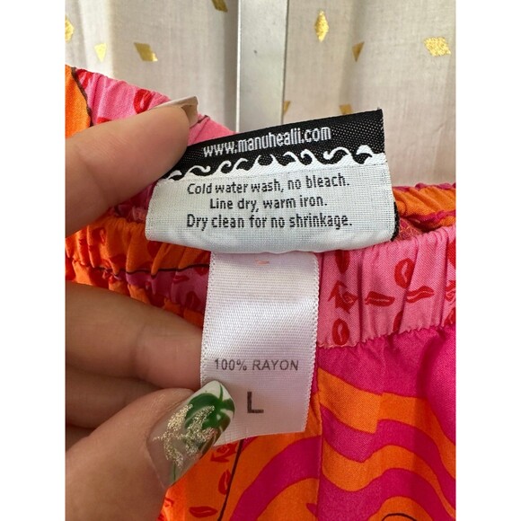 Manuhealii Hawaiian Geometric Pink Orange Elastic Waist Pull On Wide Leg Pants L - Picture 5 of 5